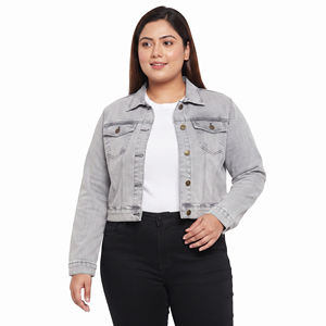 Veste en jean gris clair pour femme, coupe courte, boutonnage classique, col rabattu, veste en jean élégante à boutons - Product Image 6