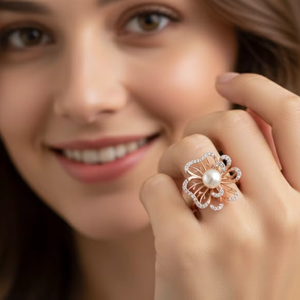 Bague florale ajustable en or rose avec perle de coquillage naturelle de luxe, bijou tendance pour fiançailles, mariage et anniversaire - Product Image 5