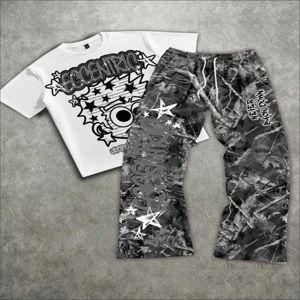 Conjunto de 2 Piezas para Hombre, Verano, Transpirable, Poliéster/Algodón, Camiseta de Manga Corta Holgada, Pantalón, Color Sólido, Estilo Urbano, Ropa Casual - Product Image 1