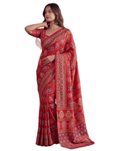 <b>Red</b> Ajrak Digital Print Silk <b>Saree</b> For Women Traditional Wedding Wear Floor Length Wrinkle Free Regular Fit India Pakistan Style - Product Image 3