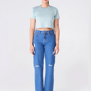 Women's Light <b>Blue</b> <b>Crop</b> <b>Top</b> Crew Neck Short Sleeve Solid Color Casual T-Shirt Spring Summer Style - Product Image 1