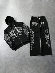 Ropa Urbana para Hombre, Sudadera con Capucha Estilo Ins, Sudadera Tejida con Capucha, Conjunto de Dos Piezas, Pantalones Deportivos Negros Góticos, Ropa de Otoño - Product Image 3