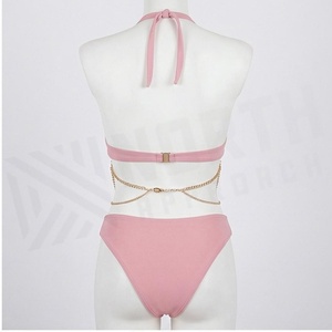 Conjunto de bikini rosa con bordado de cadena dorada y colgantes de cristal, traje de baño de dos piezas para mujer, tela elástica de color sólido - Product Image 2