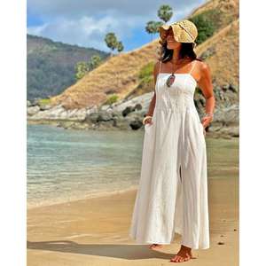 เดรสยาวสไตล์โบฮีเมียนสำหรับผู้หญิง สายเดี่ยวผ่าข้าง ผ้าฝ้ายธรรมชาติ 100% ซักได้ ลายดอกไม้ เหมาะสำหรับใส่ไปเที่ยวทะเลหรือรีสอร์ทในช่วงฤดูร้อน - Product Image 1