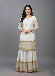 White Sharara Suit Floor Length Indian Pakistani Set Gold Embroidered Wedding <b>Party</b> <b>Wear</b> - Product Image 2