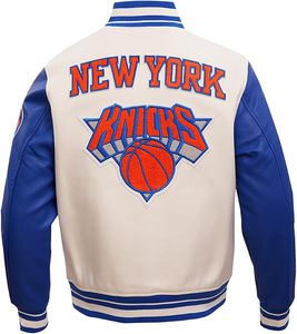 Chaqueta Bomber Bordada de los New York Knicks, 100% Transpirable, de Secado Rápido, Blanca y Azul, con Mangas de Cuero y Ribete en Contraste, Clásica Deportiva para Adultos - Product Image 2