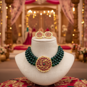 Agade Bead Choker Set with Kemp Embellishment-Gold Plated Designer Fashion Jewelry for Wedding - Product Image 3