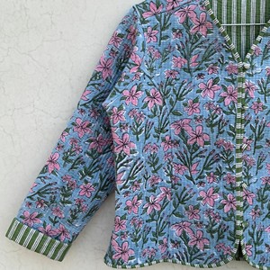 <b>Women</b> Quilted Cotton <b>Jacket</b> Floral Print V Neck Three Quarter Sleeve <b>Spring</b> Outerwear Contrast Trim - Product Image 3