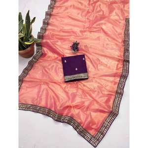 Sari de seda de diseño con bordado y lentejuelas, con blusa sin coser, color melocotón - Product Image 1