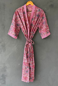 Bata Larga de Algodón con Estampado Floral y Cuello en V para Mujer, Elegante Bata de Baño Estilo Kimono de Manga Larga, Ajuste Holgado y Cómodo - Product Image 3