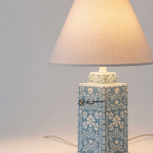 <b>Blue</b> Bone Inlay <b>Bedside</b> Lamp | Elegant Round Base <b>Table</b> Lamp with Neutral Shade - Product Image 2