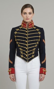 Blue Double Breasted Shirt <b>Jacket</b> <b>Mandarin</b> <b>Collar</b> Gold Buttons Formal Winter Wear Regular Fit Polyester Material - Product Image 2
