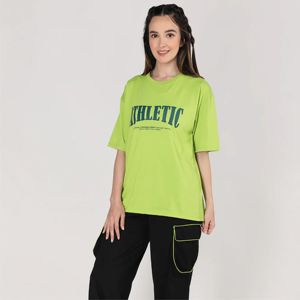 T-shirt décontracté en coton tricoté à manches courtes et col rond pour femme, coupe ample, imprimé athlétique vert lime, printemps-été - Product Image 1