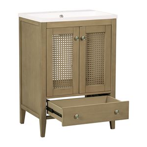 Mobile da Bagno con Struttura Solida da 24 Pollici, Lavabo in Ceramica e Armadietto in Rattan con Due Ante e Cassetto - Product Image 6