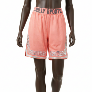 Short de basketball respirant en maille polyester 160 GSM, doux, couleur pêche, avec strass en cristal et logo personnalisé - Product Image 6
