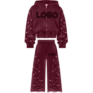 Girls <b>Burgundy</b> Glitter Print Hooded Tracksuit Full Sleeve Zipper Front Logo Casual Loose Fit Autumn Wear 100% Cotton - Product Image 1