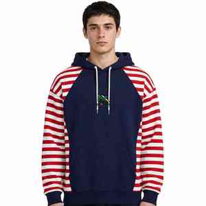 Sweat à capuche unisexe NEXTEX à manches rayées, bleu marine et rouge, en molleton de coton doux, chaud et décontracté - Product Image 1