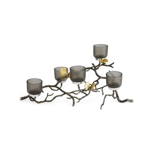 Iron Branch Handmade <b>Heat</b> Resistant Candle Stand with 5 Smoke Gray Glass Holders Gold Leaves Wedding Centerpiece Home Decor - Product Image 1