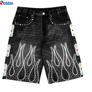 กางเกงยีนส์ขาสั้นผู้ชายสไตล์ฮิปฮอปสำหรับฤดูร้อน แบบคัสตอม วินเทจ เอวกลาง ขาดๆ เซอร์ๆ ฟอกสี ล้างสีแบบแอซิด ประดับเพชร - Product Image 5