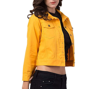 Women Yellow <b>Cropped</b> <b>Denim</b> <b>Jacket</b> Casual Button Front Long Sleeve Regular Fit Breathable Waterproof Autumn Outerwear Coat - Product Image 3