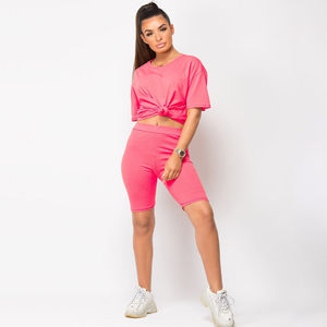 Conjunto de Dos Piezas para Mujer, Verano, Tallas Grandes, Camiseta de Manga Corta Lisa y Pantalones Cortos Deportivos con Cordón en la Rodilla, Parches, Nuevo Diseño, 100% Algodón - Product Image 2