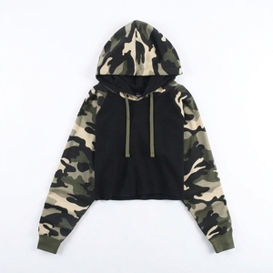Sudadera con Capucha de Camuflaje para Mujer, Negra, Corta, Informal, de Otoño, de Manga Larga, Tejida, 100% Algodón, Transpirable - Product Image 1