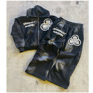 Conjunto de Sudadera con Capucha y Pantalones de Chándal con Cremallera, Estilo Desgastado, Parches y Lavado Ácido, de Moda, Casual, Estilo Urbano - Product Image 5