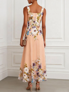 Robe longue sans manches à motif floral pêche pour femme – Confort estival, élégance et polyvalence – Robe de soirée longue coupe trapèze pour femme - Product Image 4