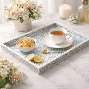 Plateau de service moderne en os incrusté |   Plateau décoratif pour table basse |   Plateau ottoman blanc avec poignées découpées |   Plateau décoratif pour salon - Product Image 2