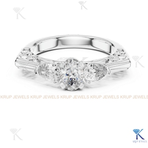 Anillo de Compromiso de Diamante CVD Cultivado en Laboratorio con 3 Piedras, Corte Oval y Pera, Oro Sólido - Product Image 5