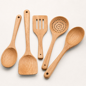 Juego de Utensilios de Cocina de Madera de Teca Natural Ecológica de 5 Piezas, Venta al Por Mayor de Fábrica, Logotipo Personalizado, Cucharas y Espátulas de Madera Antiadherentes para Cocina - Product Image 5