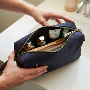 Custom Logo Grid Leather Zipper <b>Pouch</b> Shaving Dopp Kit <b>Mens</b> Travel Toiletry Bag PU Business Cosmetic Bag <b>for</b> Man - Product Image 2