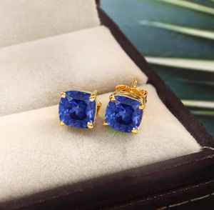 Pendientes de zafiro azul de Ceilán, plata de ley 925, chapados en oro de 14 quilates, joyería fina para mujer, regalo - Product Image 1