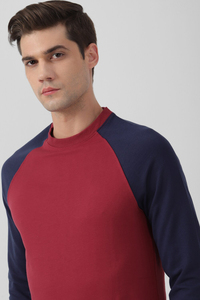 <b>Men's</b> <b>Red</b> and Navy Raglan Sleeve Crew Neck Pullover <b>Sweatshirt</b> Regular Fit Knitted Solid Color Casual Autumn Wear - Product Image 5