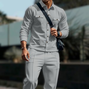 Conjunto de dos piezas casual para hombre: Chaqueta de trabajo de punto gofrado sintético OEM y pantalones con cuello, estilo transfronterizo. - Product Image 3