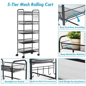 Black 5-Tier Mesh Rolling Cart with 5 Detachable <b>Baskets</b> Hooks Lockable Universal Wheels <b>Foldable</b> Universal for Food & Cleaning - Product Image 4
