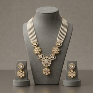 Collar de Plata 925 con Incrustaciones de Oro Kundan y Cadenas de Perlas, con Pendientes Colgantes de Flores a Juego, Joyería Nupcial India Tradicional para Mujer - Product Image 4