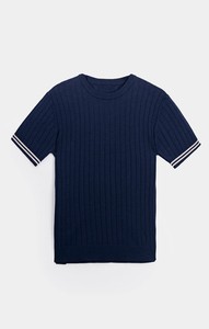 Camiseta de manga corta de punto acanalado azul marino para hombre, cuello redondo, corte regular, ribete en contraste, estilo casual - Product Image 5