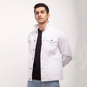 Veste en jean classique blanche pour homme, personnalisée OEM, à manches longues, décontractée, boutonnée, en polyester/nylon, coupe-vent, respirante, avec logo frontal, vêtement d'extérieur - Product Image 4