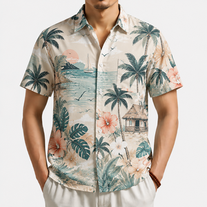 Chemise d'été pour homme à imprimé cocotier, en lin ample, décontractée, infroissable, style plage - Product Image 2