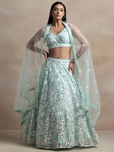 Mint Green Embroidered Ball Gown Lehenga with <b>Crop</b> <b>Top</b> and Organza Dupatta for Bridesmaid 100% Silk - Product Image 1