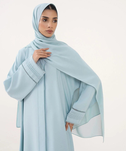 Light Blue <b>Long</b> Sleeve Floor Length Abaya <b>For</b> Women Modest Muslim Clothing Solid Color Polyester Loose Fit Middle East Style - Product Image 5
