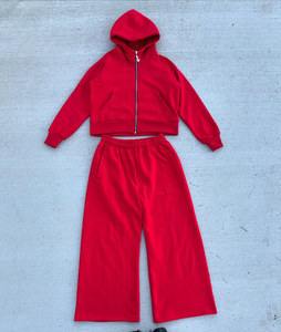 Chándal rojo con capucha para mujer, manga larga, cierre de cremallera, color sólido, corte holgado informal, 100% algodón, para otoño, con estampado de diamantes de imitación - Product Image 1