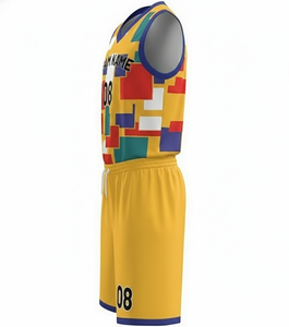 Ensemble de maillots de basket-ball sublimés personnalisés, couleur jaune, col en V, sans manches, séchage rapide, vêtements unisexes pour adultes - Product Image 2