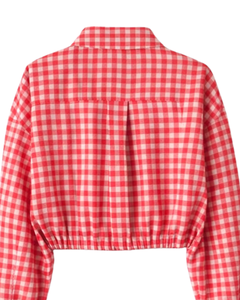 Chemise Courte Femme Personnalisée à Carreaux Vichy Rouge et Blanc, Taille à Cordon, Manches Longues, Boutonnée, Décontractée, Fabrication OEM Personnalisée - Product Image 4
