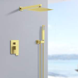 Système de douche mural avec pommeau de douche pluie de 12 pouces et douchette à main, finition or brossé, pour salles de bain modernes - Product Image 1