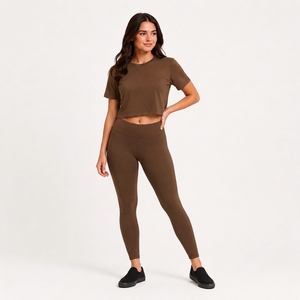 Women's Brown 2-Piece <b>Crop</b> <b>Top</b> Leggings Set Short Sleeve Crew Neck Solid Woven Spandex Casual Workout Yoga Skinny Fit Breathable - Product Image 1