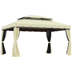 Gazebo da Esterno 10x13 con Telaio in Alluminio Bianco Crema, Tetto Doppio, Zanzariera e Tende - Product Image 1