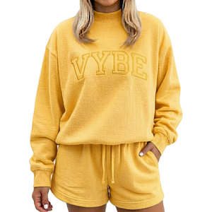 Premium High Quality Plus Size Rib Cuffed Fleece Mockneck Sweatshirt Shorts Set Custom Logo Casual Women's 2-Piece Above Knee - Product Image 5