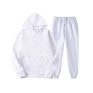 Unisex White Hooded Fleece Tracksuit <b>Set</b> 100% Cotton Casual Full Sleeve Solid Breathable Autumn Wear Regular Fit Drawstring - Product Image 1